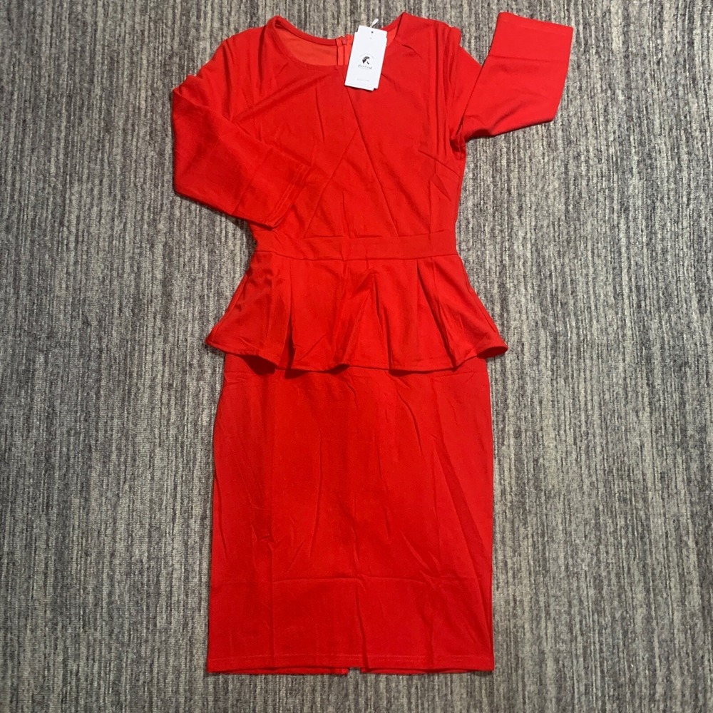 Red Peplum Dress Bodycon Long Sleeve Career Party Cocktail Medium
